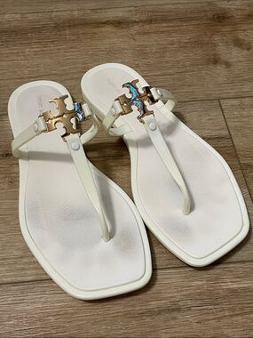 Tory Burch White Jelly Miller Logo Thong Sandals with Gold Hardware